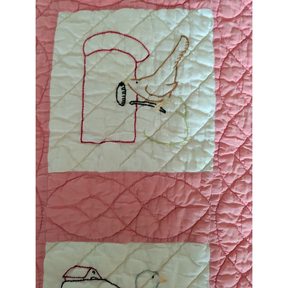 Vintage Handmade Pink & White Embroidered Patchwork Quilt w/Birds & Flowers.